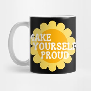 Make Yourself Proud. Retro Vintage Motivational and Inspirational Saying. White and Yellow Mug